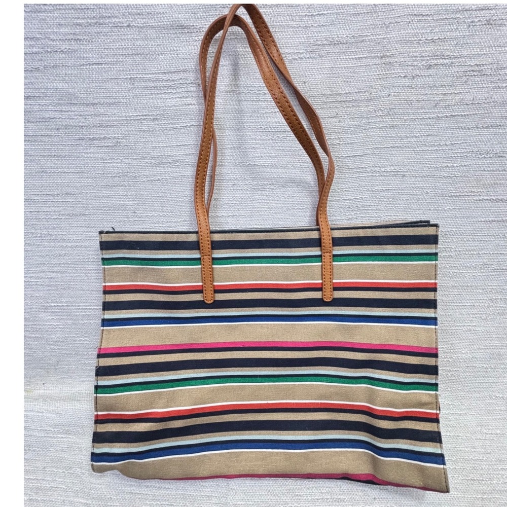 Talbots Multi Color Striped Canvas Tote Bag Leather Trim Navy Tan Pink Green